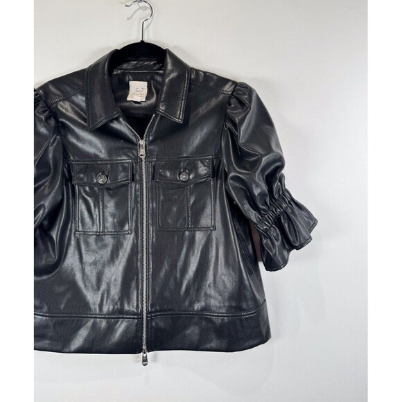 Cinq a Sept Women Leather Jacket Black Holly Cropped Vegan Full Zip Puffed Small - Picture 7 of 13